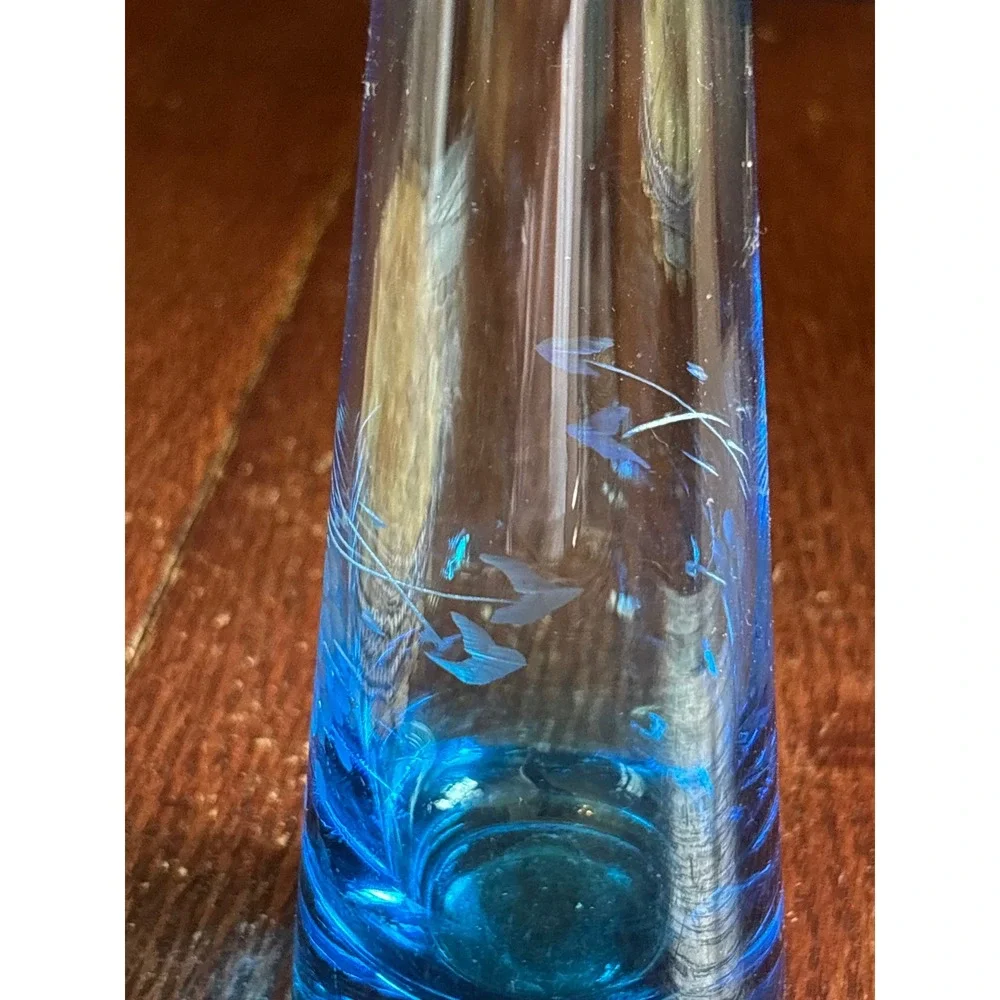 Vintage Blue Glass Bud Vase Etched Grape Vine Frosted 9.5
